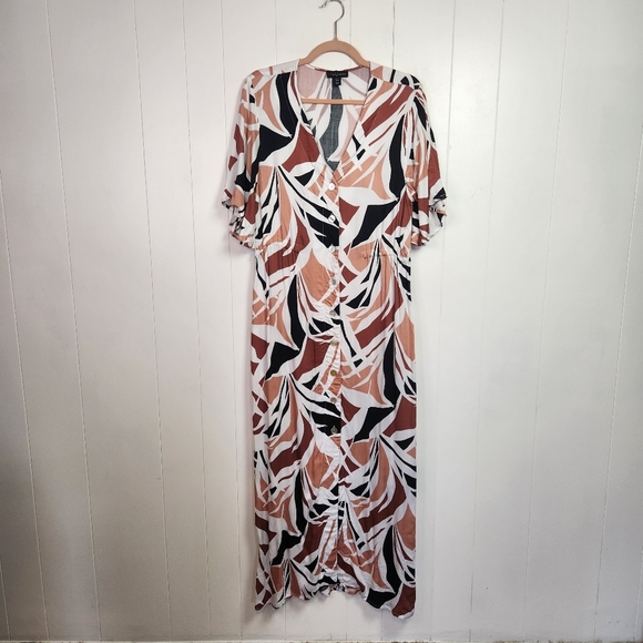 Tribal Femme Pink Tropical Maxi Shirt Dress V-Neck Womens Size Medium Flowy - Picture 3 of 12